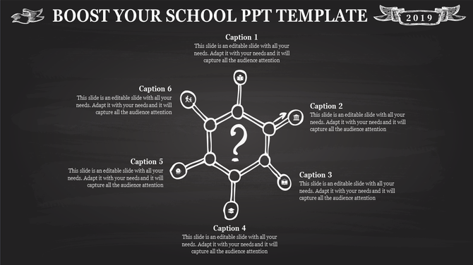Dark themed school presentation template with a network diagram featuring six captions and central question mark.