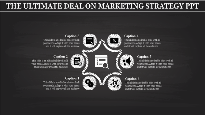 Marketing strategy PPT slide with interconnected icons representing key marketing elements in a star layout with captions.