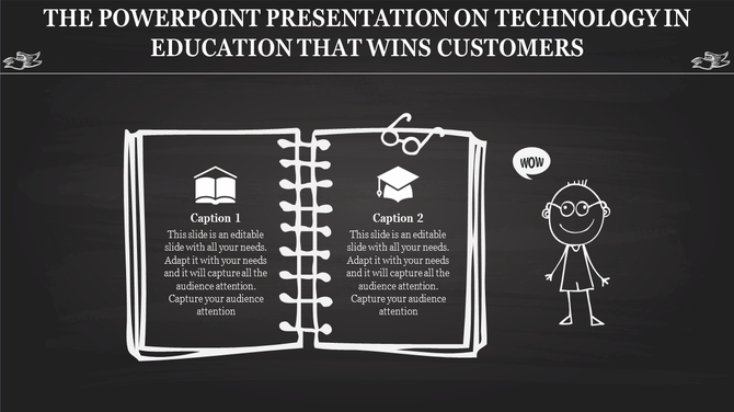 Chalkboard style slide with an open notebook graphic showing icons and two captions for education topics.
