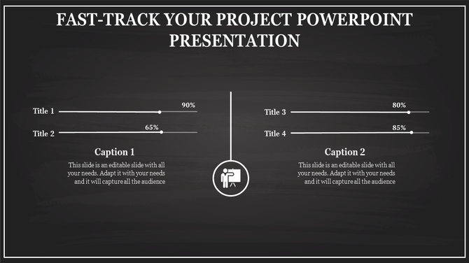 Dark themed project presentation slide with progress bars and percentage values for four titles, split into two sections.
