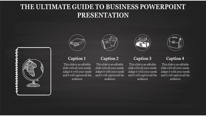 Professional business guide slide featuring a blackboard style with globe artwork and four sections for captions and icons.