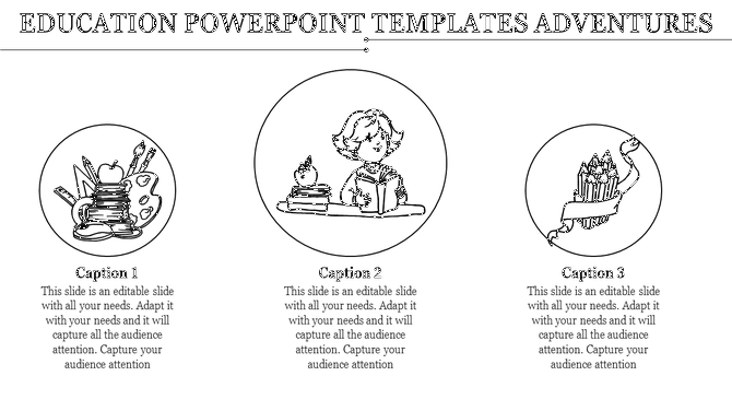 Educational slide showcasing three circular icons art supplies, a child reading, and a bundle of pencils wrapped in a ribbon.