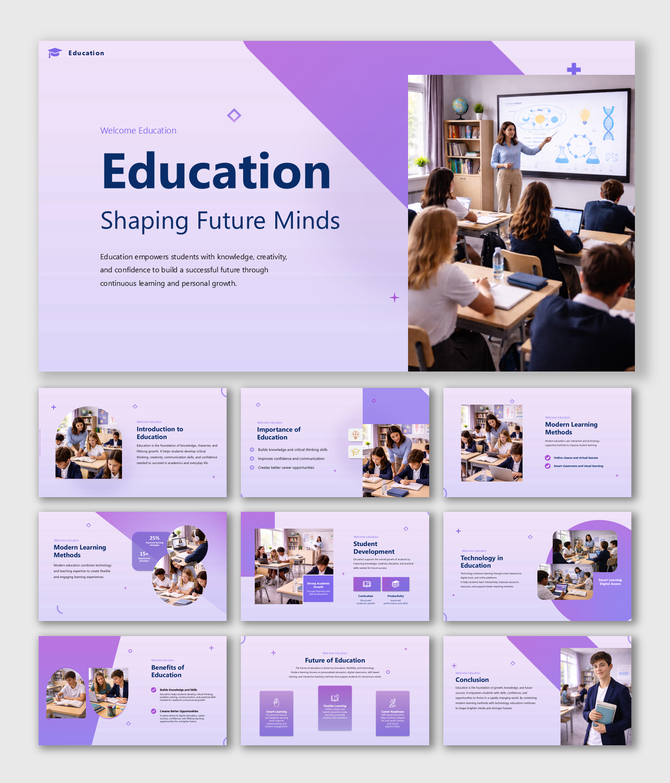 Education presentation template covering learning methods, student development, technology in education, and future growth.