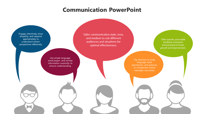 Communication PowerPoint template featuring colorful speech bubbles with tips and silhouette avatars below.
