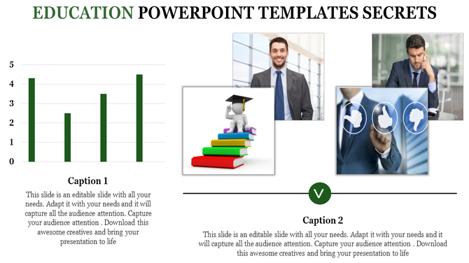 Education PowerPoint slide showcasing a bar chart, graduate figures on books, and business professionals with captions.