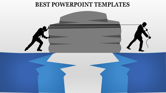 Two silhouetted figures pulling a large gray object across a blue and white split design with jagged edges.