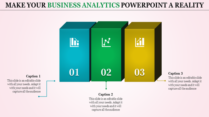 Three colorful blocks labeled 01, 02, and 03, showcasing business analytics icons on a gradient background with captions.