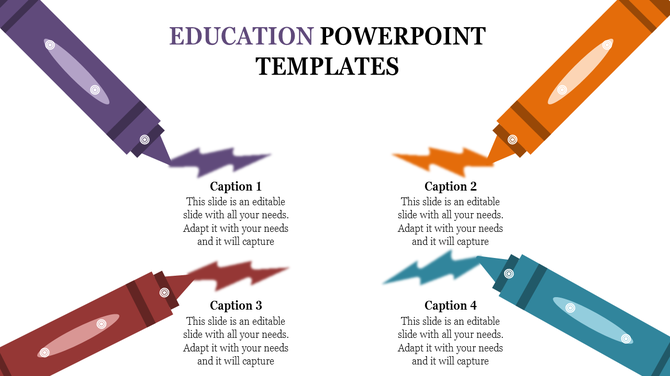Colorful pens create vibrant designs for an educational PowerPoint slide with captions.