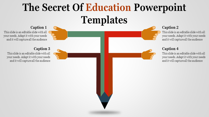 Creative education themed PowerPoint template featuring a pencil and branching hand pointers for captions.