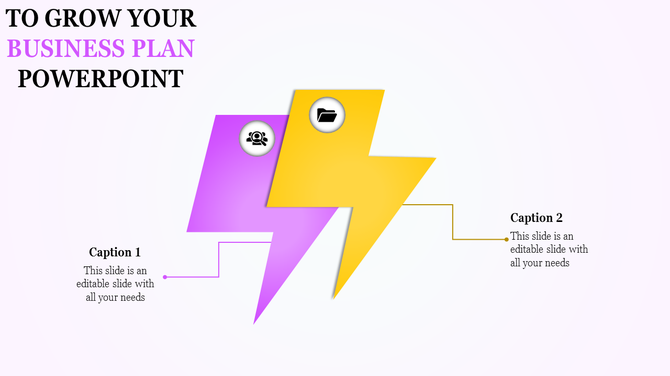 Business plan PowerPoint slide with purple and yellow lightning bolt shapes featuring team and folder icons.
