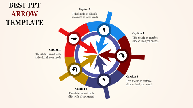 Radial arrow template in red, blue, and yellow with five captions for step by step process explanations with captions.