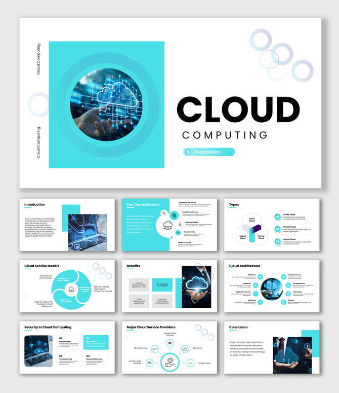 Cloud Computing PowerPoint teal slides with cloud graphics, service models chart, architecture diagram, and tech icons.