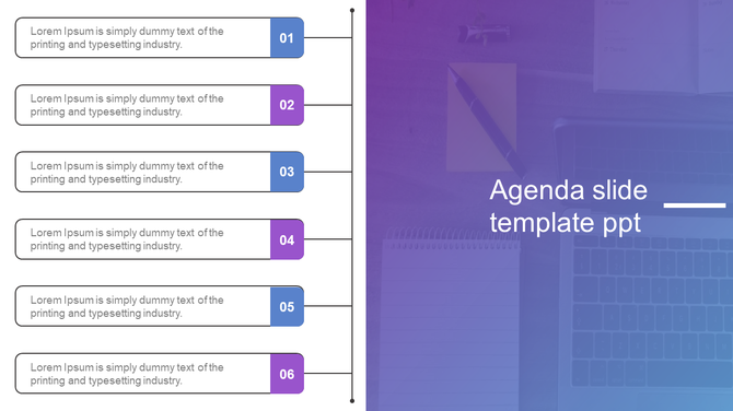 A structured agenda slide with six horizontal blocks containing text each with  blue and purple numbers, and caption areas.