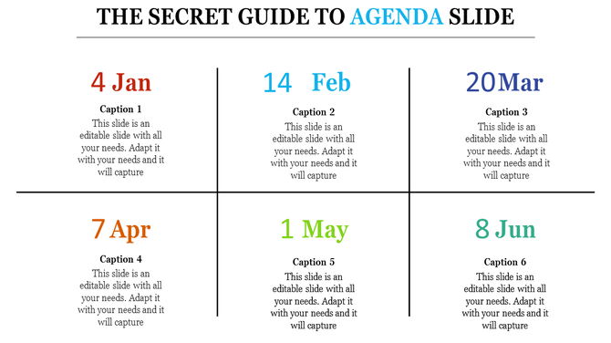 Agenda template with six square sections, each featuring a colored date and description, topped by a bold header.