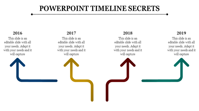 Timeline slide showing milestones from 2016 to 2019 with upward arrows and text for each year.