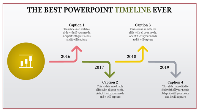Timeline PowerPoint template with labeled milestones from 2016 to 2019 connected by colorful arrows with captions.