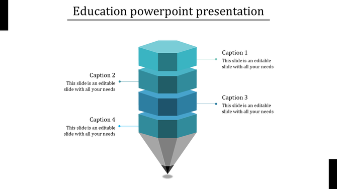 Education themed slide with a segmented inverted pyramid design, including four blue layers and captions areas.