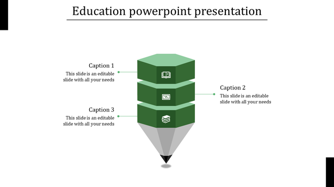 Green hexagonal education PowerPoint template with three stacked sections and educational icons with captions.