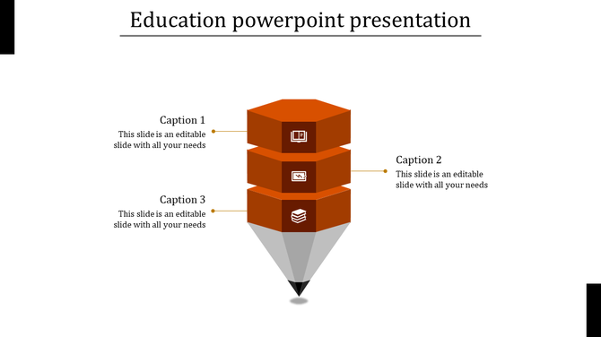 Pencil shaped design composed of three stacked orange cubes with descriptive text options on left and right.