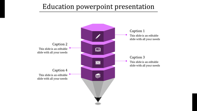 Purple pencil shaped 3D diagram with four stacked hexagonal layers, each labeled with captions on the sides.