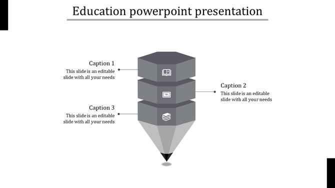 Educational infographic with a pencil-like design and three hexagonal sections labeled with captions areas.