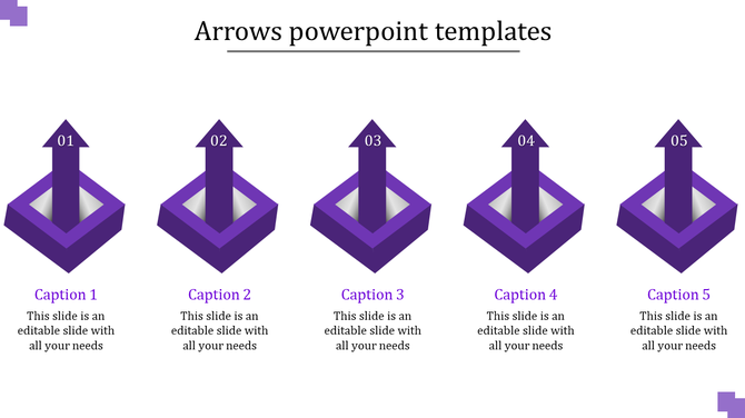 Five purple upward arrows numbered 01 to 05, each inside a square base with captions below on a white background.