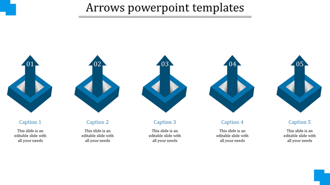 Set of five blue 3D arrow PowerPoint template with captions for each section with placeholder text.
