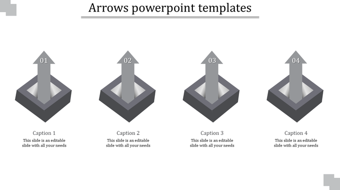 Four gray upward arrows numbered 01 to 04, each inside a square base with captions below, on a white background.