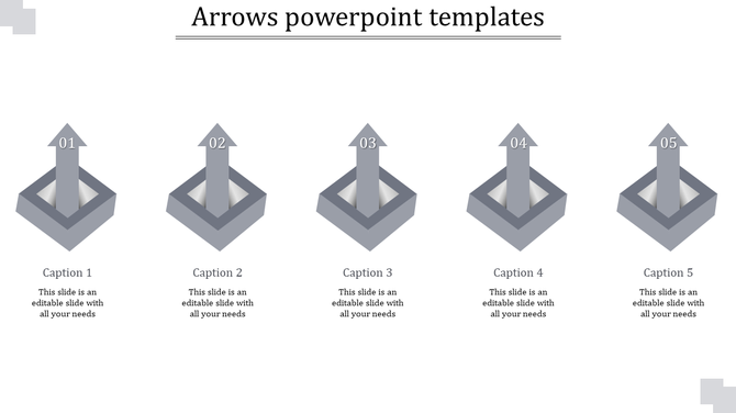 Five gray upward arrows numbered 01 to 05, each inside a square base with captions below on a white background.