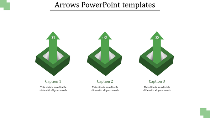 Set of three green 3D arrow PowerPoint template with captions and placeholder text.