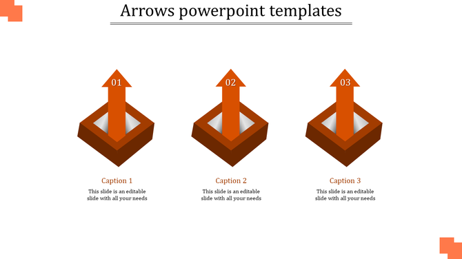 Set of three orange 3D arrow PowerPoint template with captions and placeholder text.