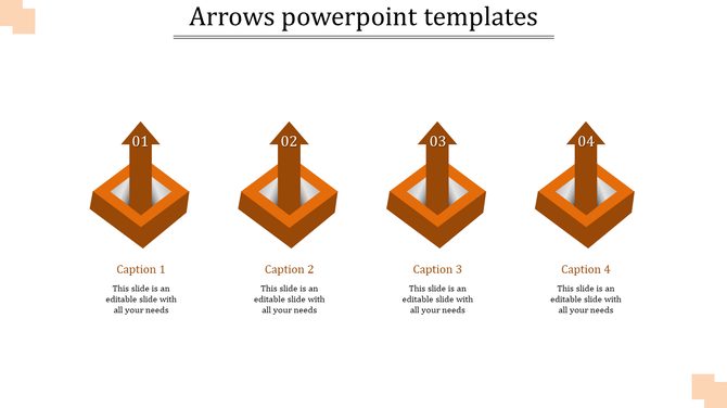 3D infographic featuring four upward orange arrows numbered 01 to 04, each positioned above a square base.