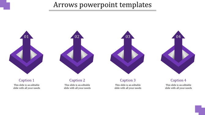 Set of four purple 3D arrow PowerPoint slide with captions and placeholder text.
