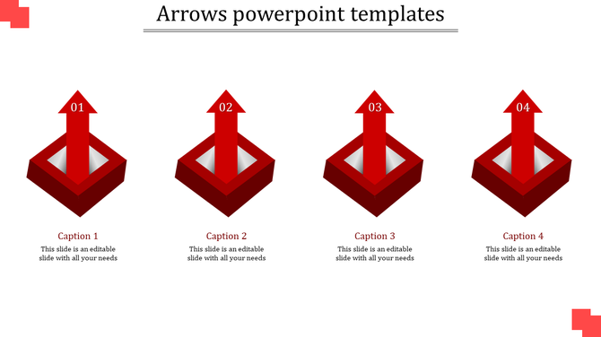 Red 3D arrows PPT slide in a box shaped with numbered captions and placeholder text.