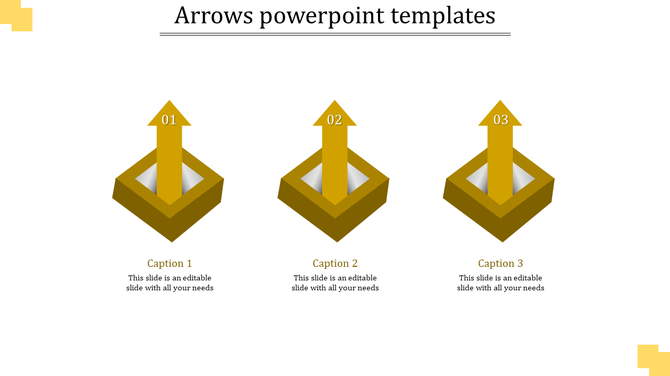 Set of three gold 3D arrow PowerPoint template with captions and placeholder text.