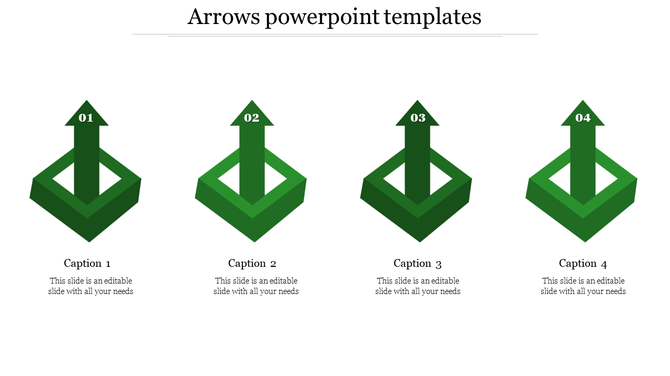 Four green upward arrows numbered 01 to 04, each inside a square base with captions below, on a white background.