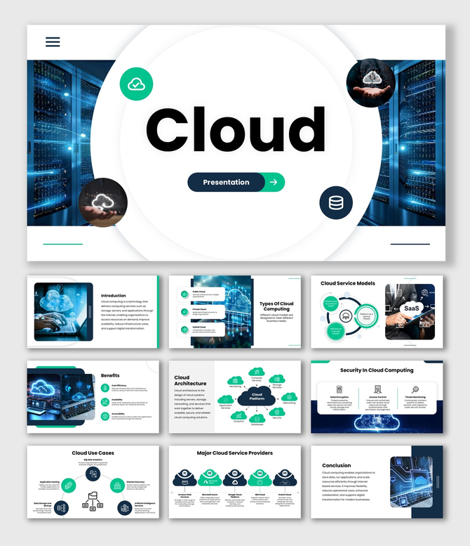 Cloud blue and green slides with cloud icons, service model chart, server visuals, and tech diagrams.