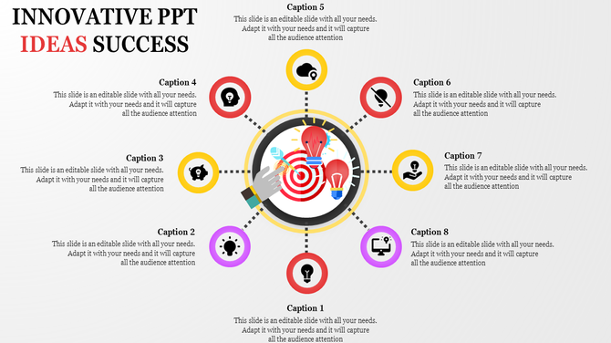 Innovative ideas template with a central target icon surrounded by eight labeled icons and caption areas.