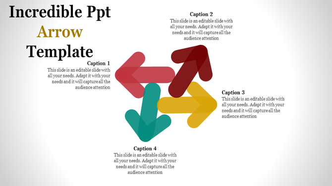 Creative PowerPoint slide featuring overlapping colorful arrows pointing in different directions with four captions.