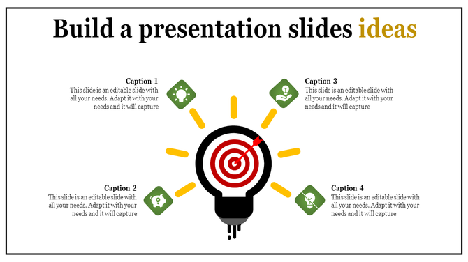 A lightbulb slide with a central target and four green icons symbolizing ideas, surrounded by captions.