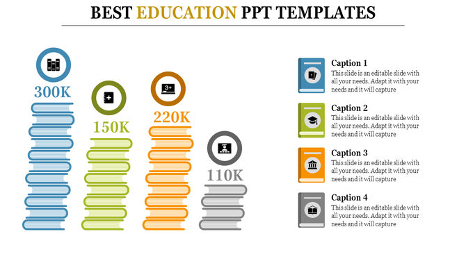Educational PowerPoint template featuring colorful book stacks and infographic icons with captions.