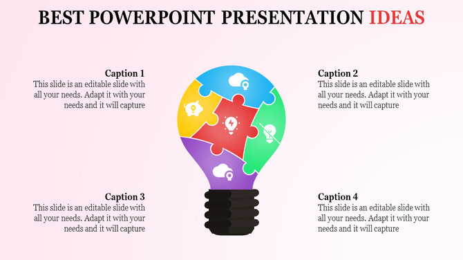 Creative slide design with a colorful lightbulb split into puzzle pieces, surrounded by captions for presentation ideas.