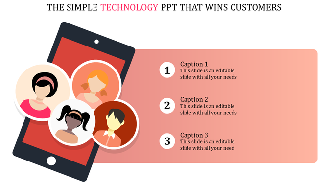 Technology PPT slide featuring a smartphone graphic with user avatars and three numbered captions on a gradient background.