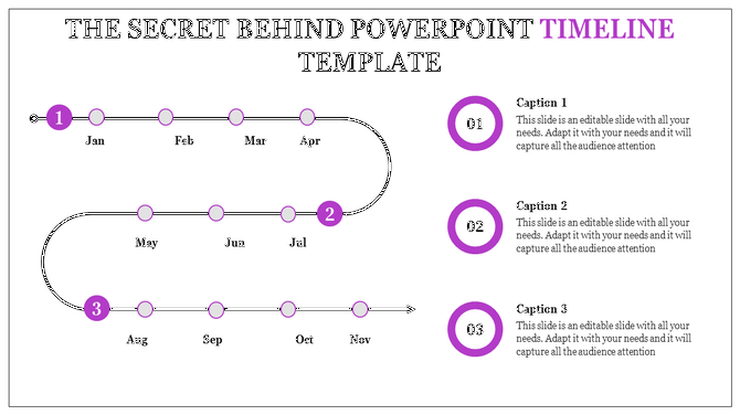 A timeline infographic slide with monthly milestones from Jan to Nov, divided into three phases with captions for each step.