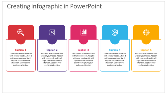 Infographic slide with five blocks in red, purple, pink, blue, and yellow, each featuring an icon and text placeholder. 