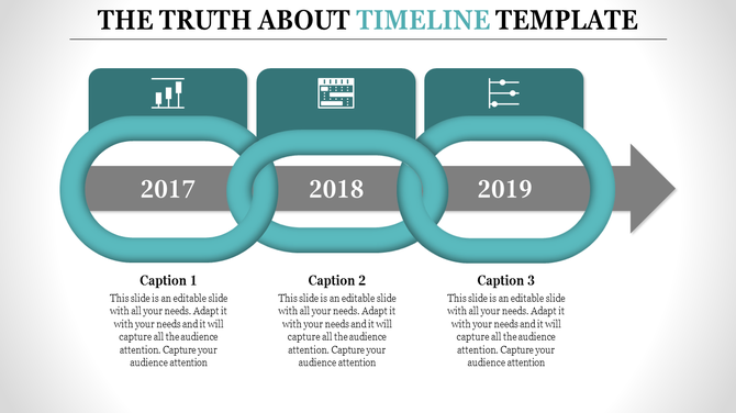 PowerPoint timeline slide featuring three linked sections for 2017, 2018, and 2019, with icons and a progress arrow.