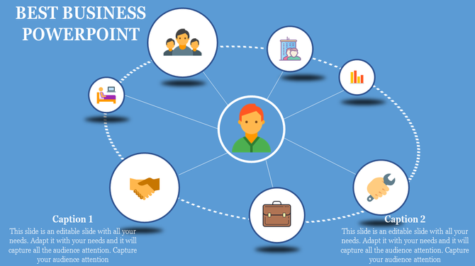 Illustration of a network diagram with a central character icon and seven related circular icons on a blue backdrop.