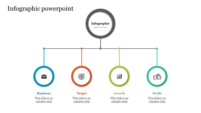 Infographic PowerPoint slide with icons for business, target, growth, and profit in colorful circles.