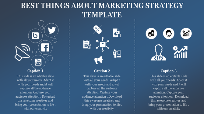 Marketing strategy template featuring social media icons, data analysis graphics, and a business professional with captions.