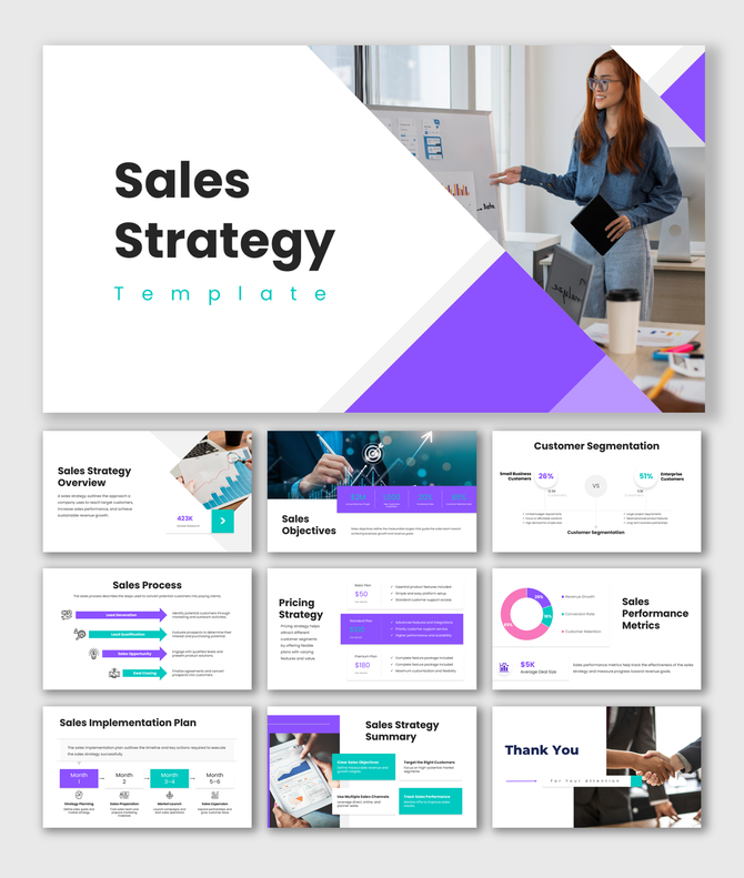 Sales strategy slides with purple theme, charts, pricing strategy, customer segmentation, and performance metrics.
